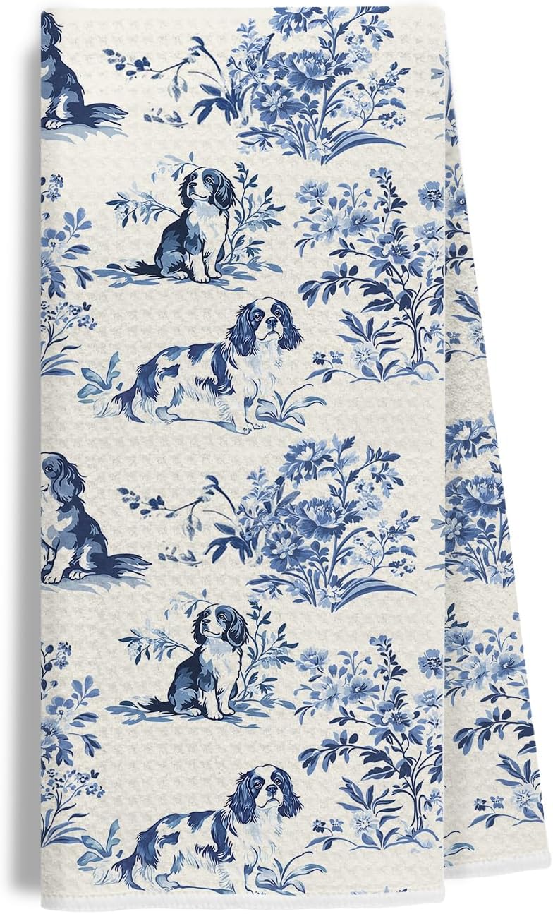 EKGJW Chinoiserie Cavalier King Charles Spaniel Kitchen Towels, King Charles Cavalier Gifts Dish Tea Towels for Kitchen, Grandmillennial Toile de Jouy Dog Hand Towels for Bathroom, 16x24 Inch - Image 1
